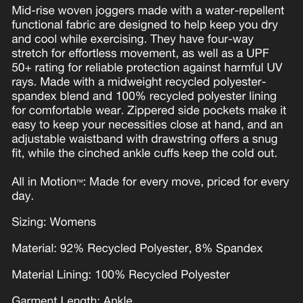 Woman’s All In Motion Lined Woven Joggers Size XS - Picture 3 of 13